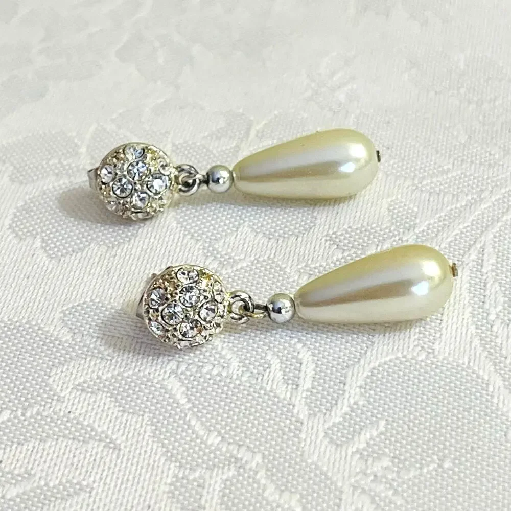 Vtg Rhinestone Faux Pearl Drop Dangling Earrings Bridal Formal Statement